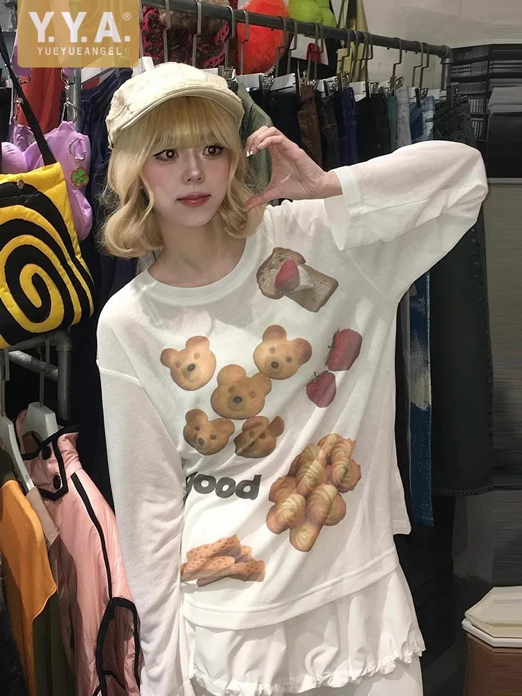 Hot Sale Korean Style Women Teddy Bear Dessert Print T-Shirts O-Neck Loose Fit Long Sleeve Thin Sunscreen Cover Tees Casual Tops
