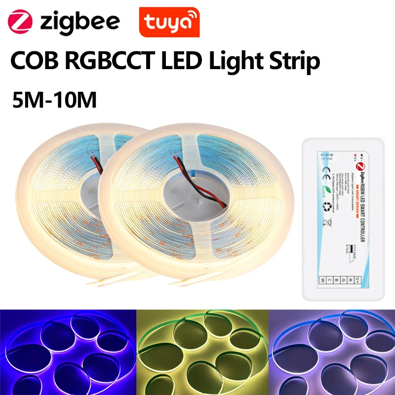 DC24V Tuya Zigbee3.0 LED Light Strip RGBCCT 840LEDs High Density Flexible FOB COB RA90 Linear Dimmable Led Light Full Kit 5M 10M