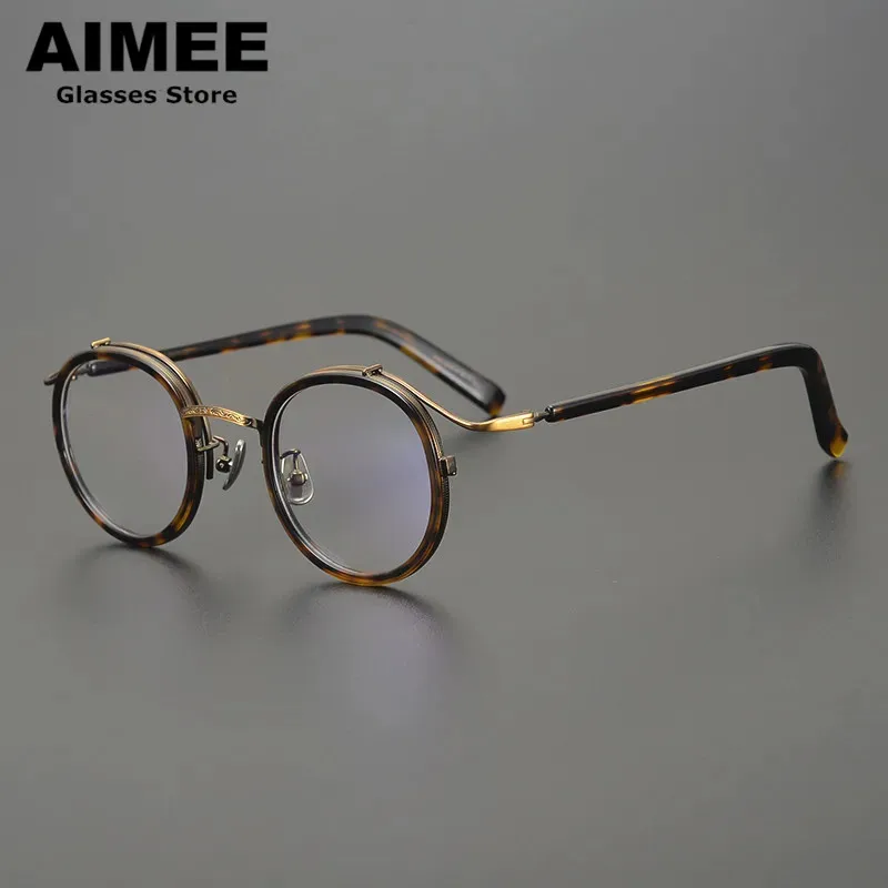 Japanese Hand-made Titanium Acetate Glasses Frame Men Women Ultralight Vintage Round Eyeglasses Fashion Trend Design Spectacles