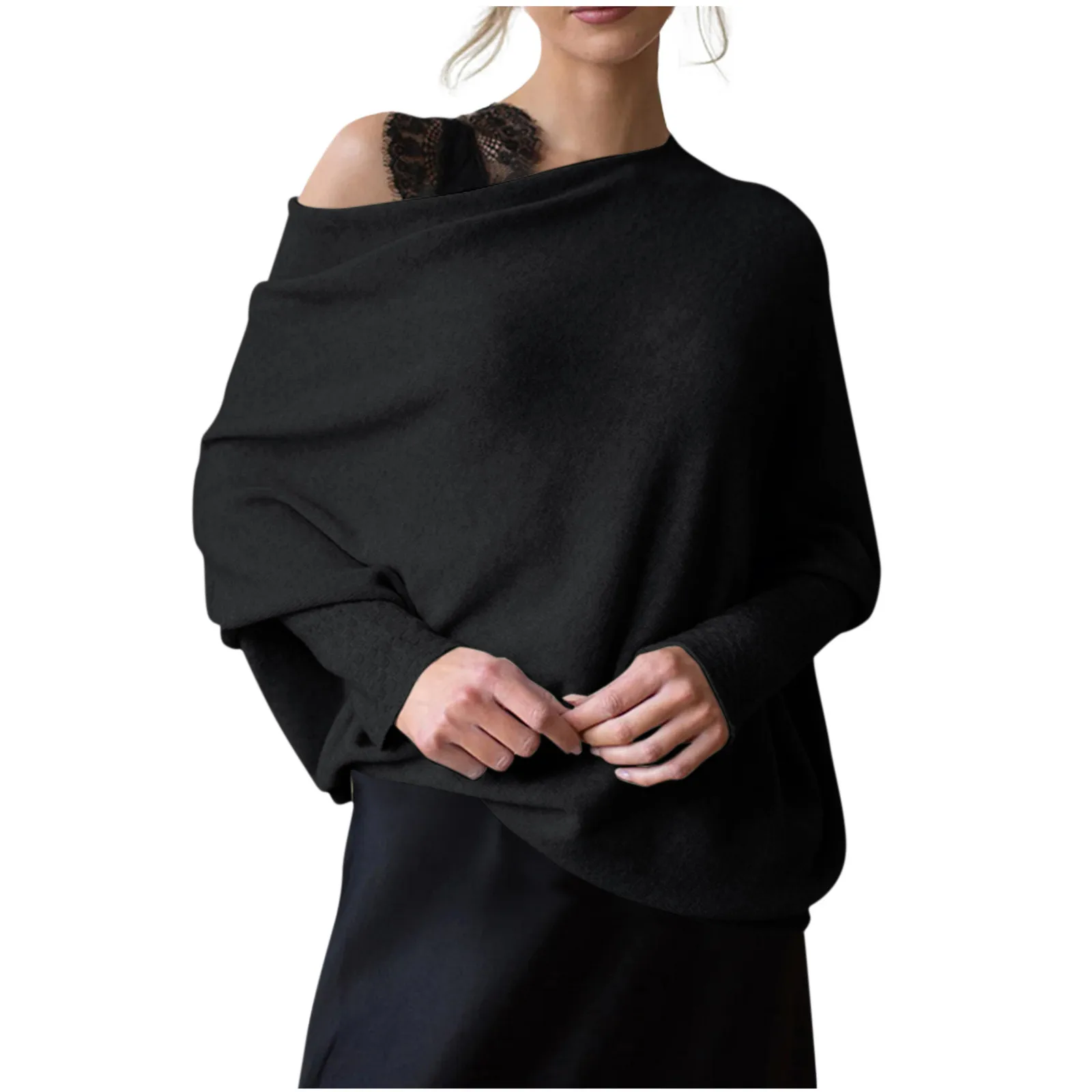 Womens Long Sleeve Neck Tunic Tops Fall Baggy Slouchy Pullover Sweaters Off The Shoulder Sweater