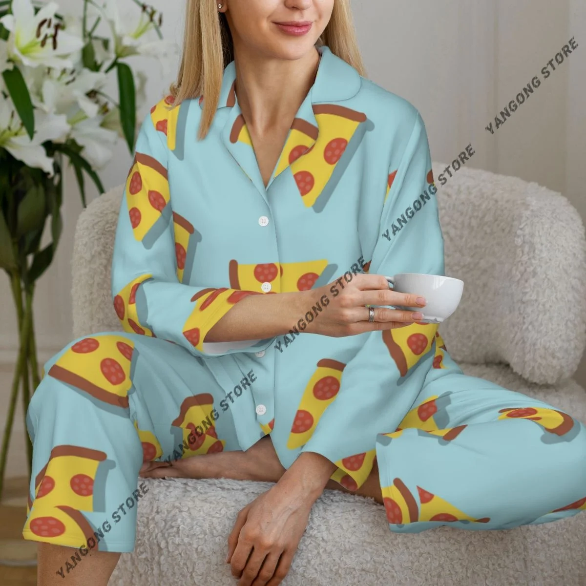 Women Sleepwear Pajamas Pizza Pattern Long Sleeve Pijama Female Set Negligee Cardigan Suit