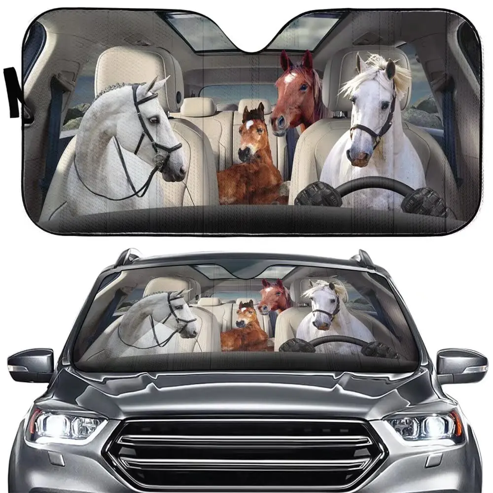 Funny Farm Horse Auto Windshield Sun Shade Horse Driving Car Front Window Visor Shade Sun Heat Reflector Anti-UV Foldable Countr