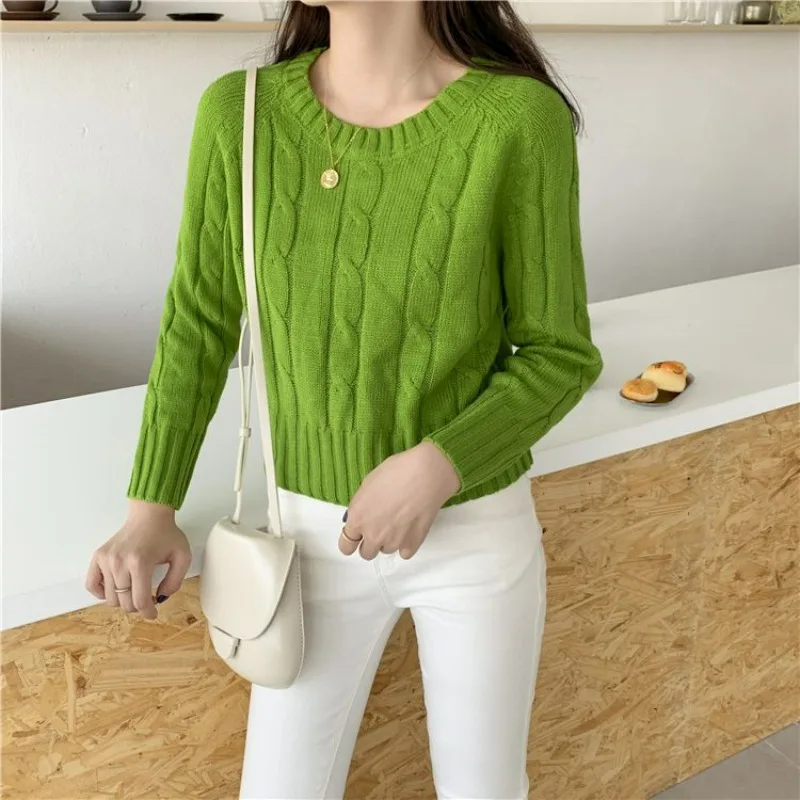 Twist Crocheted Fabric Knitted Sweater Pullover Women's Tide 2024 Autumn New Short Long-sleeved Round Neck Versatile Top