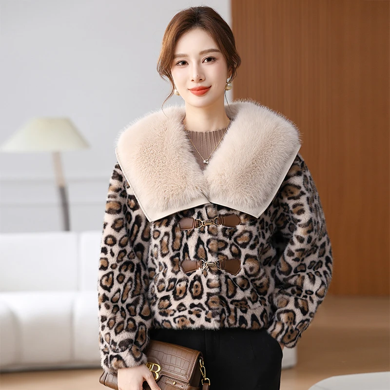 

Роскошная короткая куртка из искусственного лисьего меха, женское однобортное леопардовое пальто, женская верхняя одежда с большим воротником из искусственного меха, кардиган