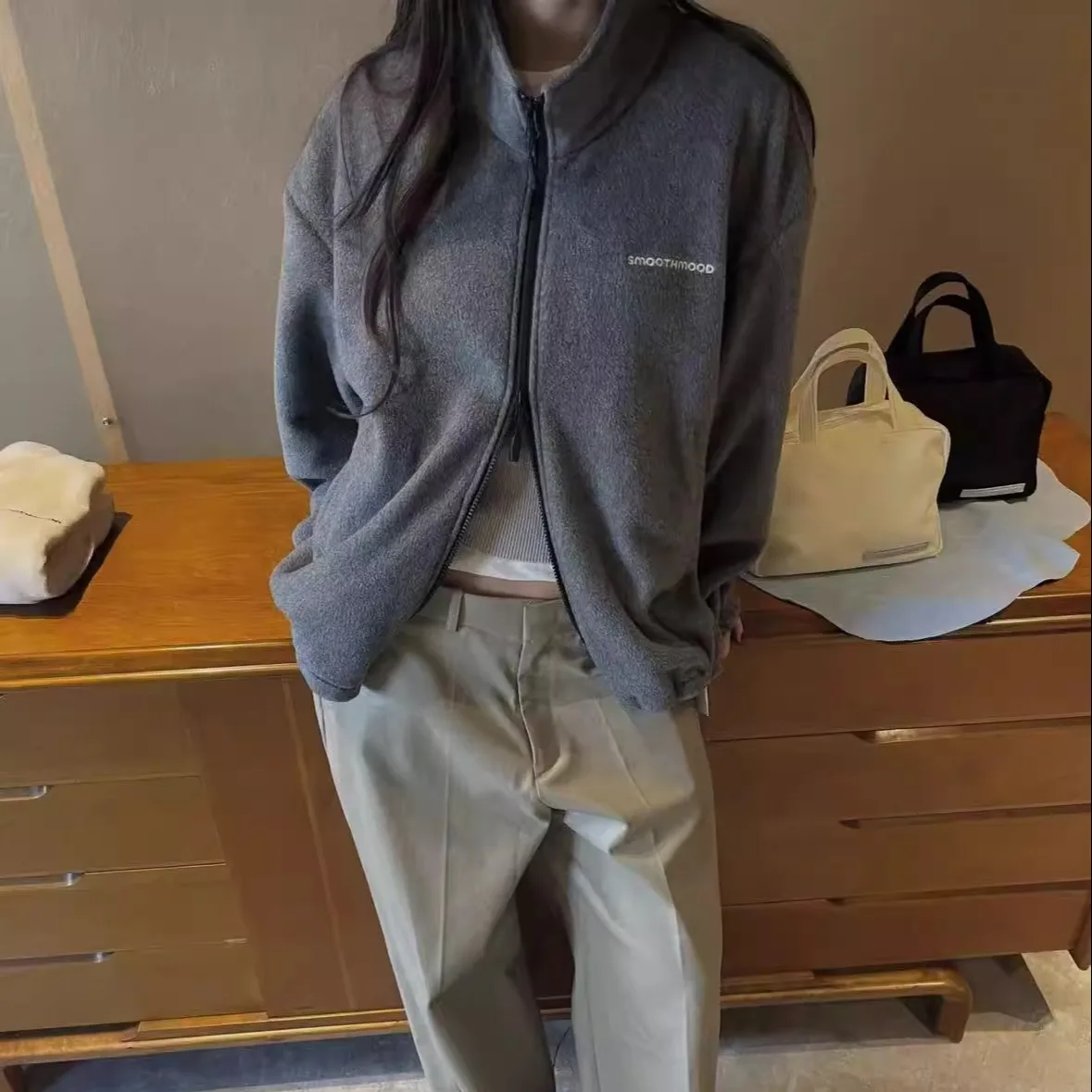 

East Gate Smoothmood Retro Casual Collar Fce ort Jaet Women's Zipper Closure Academic Sle Autumn Faion Ladies' Coat