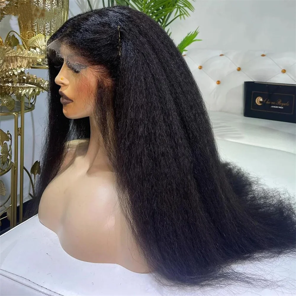 Long Yaki Kinky Straight Soft 26Inch Preplucked Natural Black Lace Front Wig For Women With Baby Hair Synthetic Glueless Daily