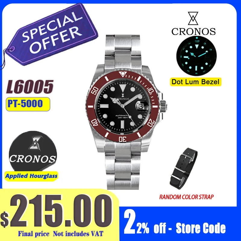 Cronos New 40mm Diver Men Watches Luxury Business PT5000 Automatic Mechanical Watch Sapphire Waterproof 200m Adjustclasp L6005M