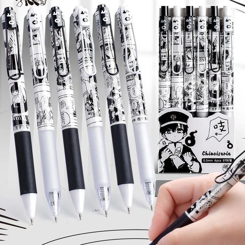 6Pcs/Lot Japanese INS Comic Style Click Gel Pens ST Nib 05mm Black Ink With Replaceable Refills Rubber Grip Writing Tools