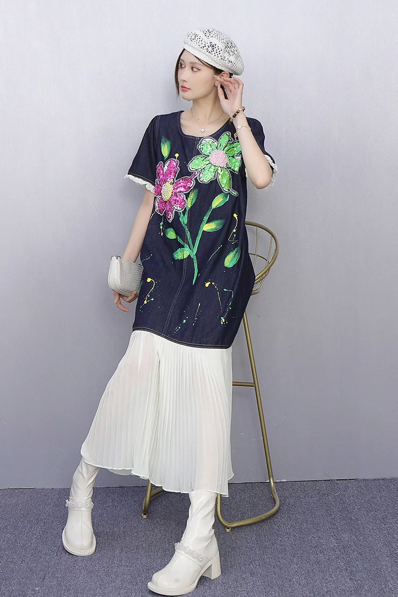 2025 Zomer Nieuwe Elegante Vrouwen Losse Geborduurde T-shirts Lange Jurken Dames Korte Mouw Mode Jurk Groothandel J1222