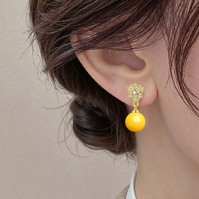 

S925 Pearl Earrings Vintage Court Style Natural Yellow Jade Pearl 18K Gold Silver Studs Exquisite Jewelry Gift for Women
