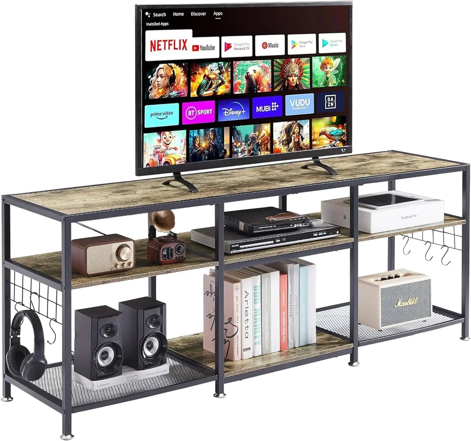 

TV Stand for 60/65/70 Inch Television, Entertainment Center with Storage Shelves & Hooks, 3-Tier Modern Wooden Console Table