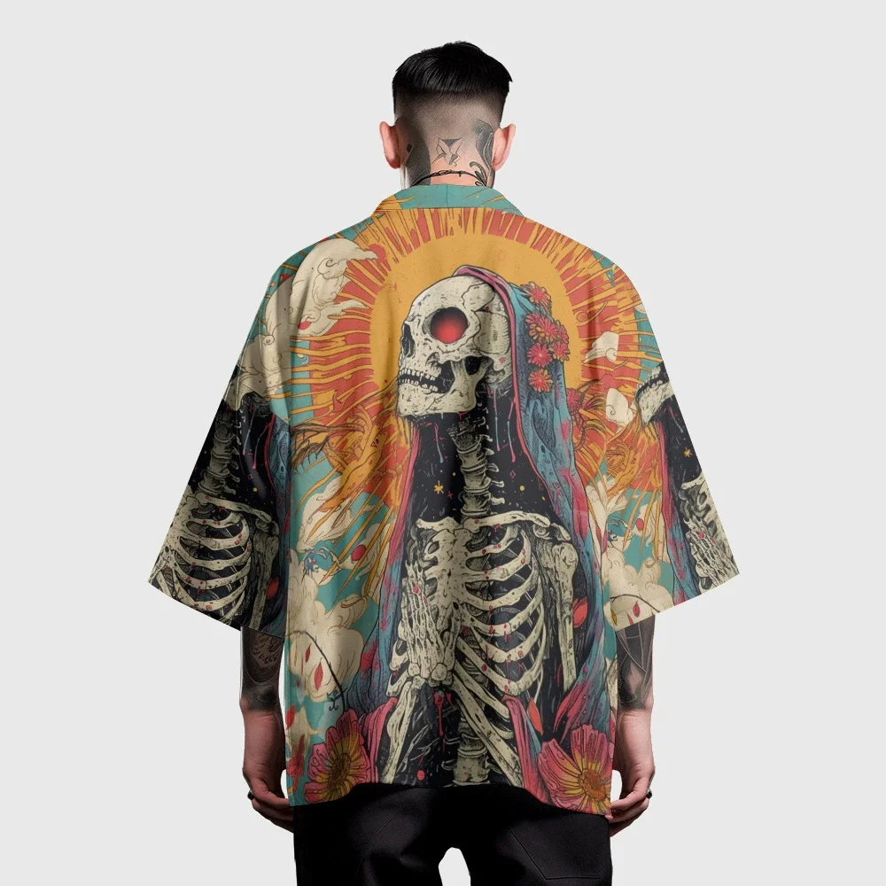 الهياكل العظمية طباعة كيمونو موضة عادية سترة يوكاتا الصيف الرجال النساء التقليدية هاوري الشارع الشهير