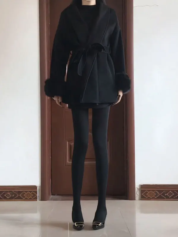 

Зимнее женское пальто в стиле Хепберн с поясом, твидовое, с длинными рукавами, V-образным вырезом, однотонное, модный тренд