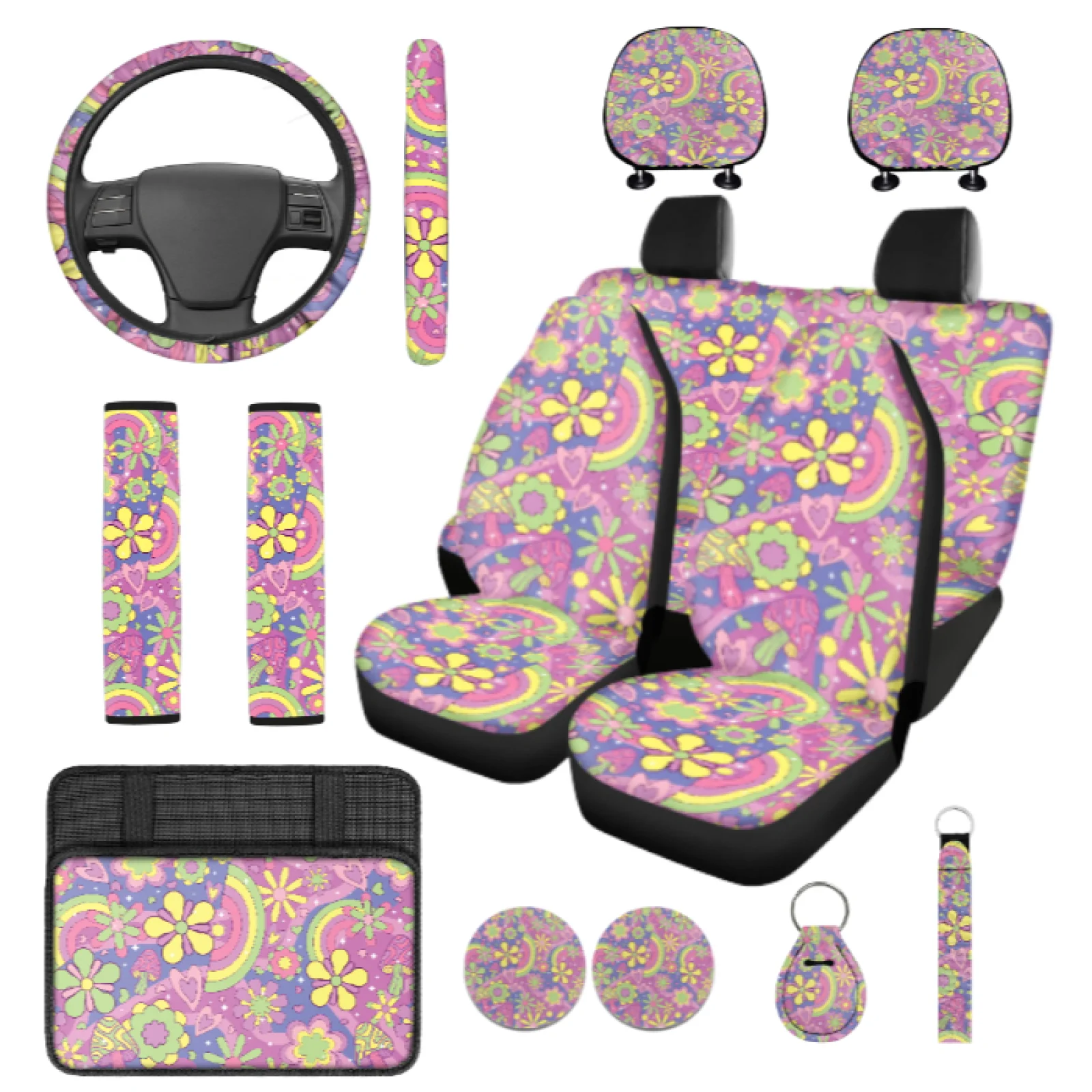 Coloranimal Colorful Flower Set of 14 Car Seat Covers Sets with Full Set Steering Wheel Cover and Seat Belt Pads for Most Cars