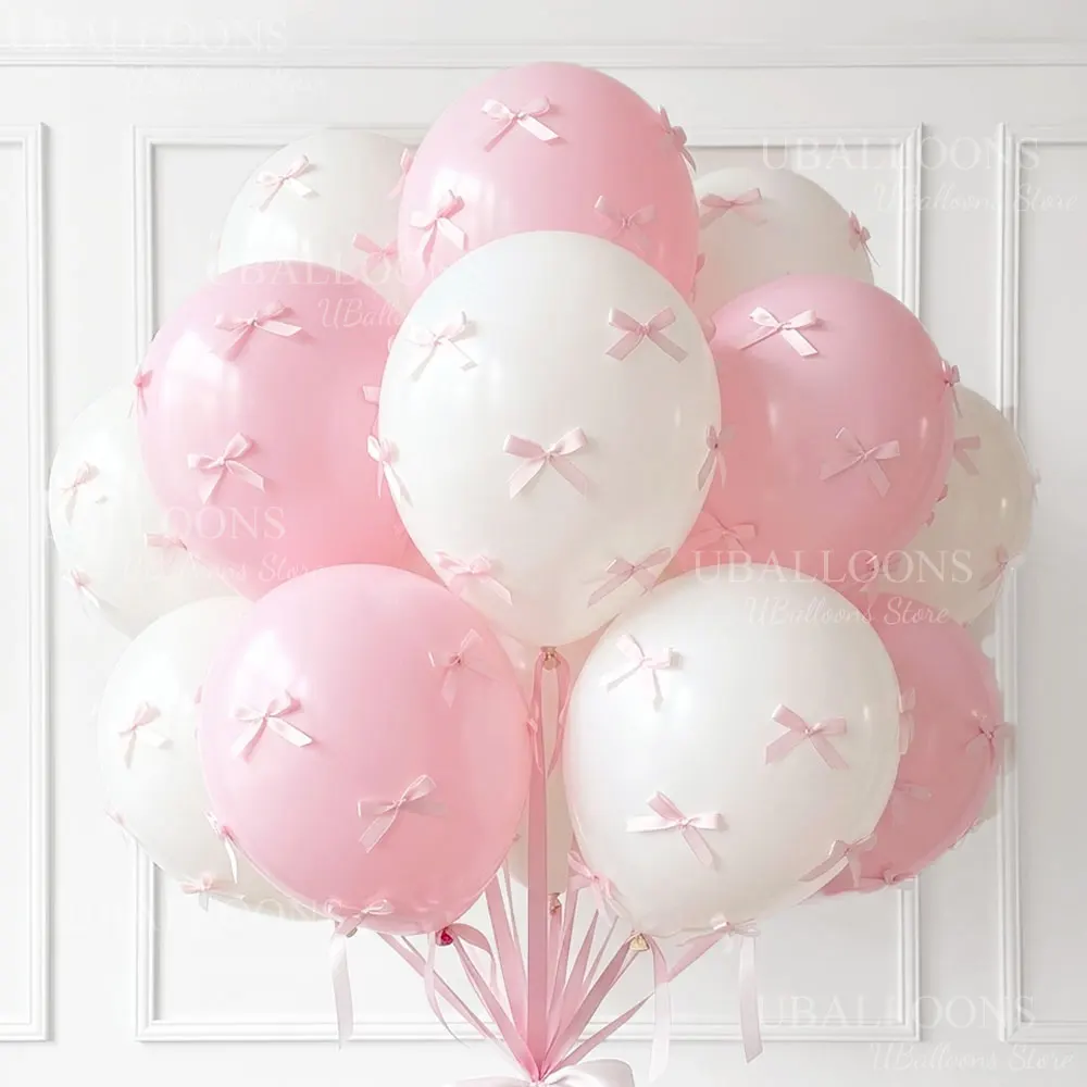 126 Stück Schleifen Rosa Luftballons 12 Zoll Latex Rosa Weiße Ballons mit Satinband für Geburtstag Hochzeit Schleifen-Deko für Partys