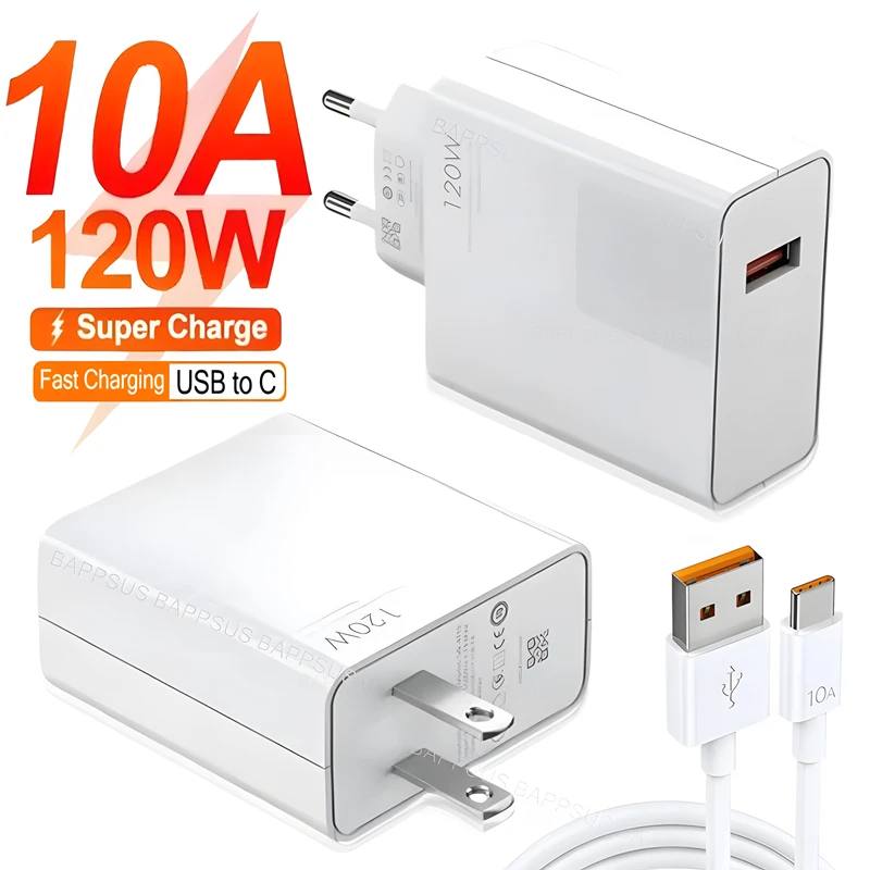 Cargador de teléfono móvil de carga rápida USB tipo C, Cable de datos de 120W, enchufe de UE/EE. UU./Reino Unido, 10A, para Xiaomi Mi, Samsung y Huawei