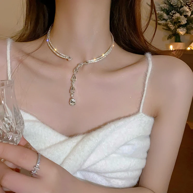 Shiny Rhinestone Collar Choker Necklace For Party Wedding Big Water Drop Crystal Necklace Torques Women\'s Fashion Neck Jewelry