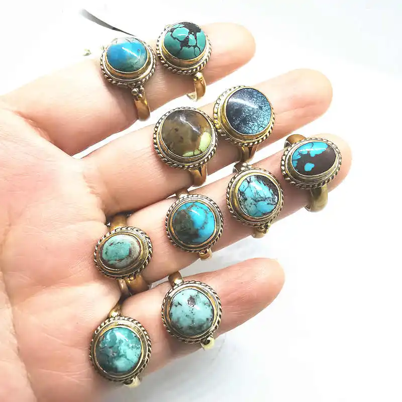 Natural Stone Rings Brass Inlaid Turquoise Lovely Rings for Woman R207