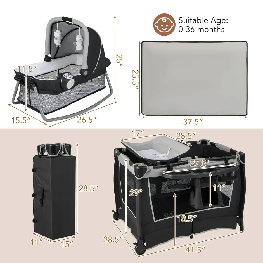 حزمة وتشغيل 5 في 1 روضة أطفال محمولة للرضع مع سرير تغيير طاولة حقيبة التخزين صندوق تشغيل الموسيقى ألعاب حقيبة حمل مركز الحضانة B