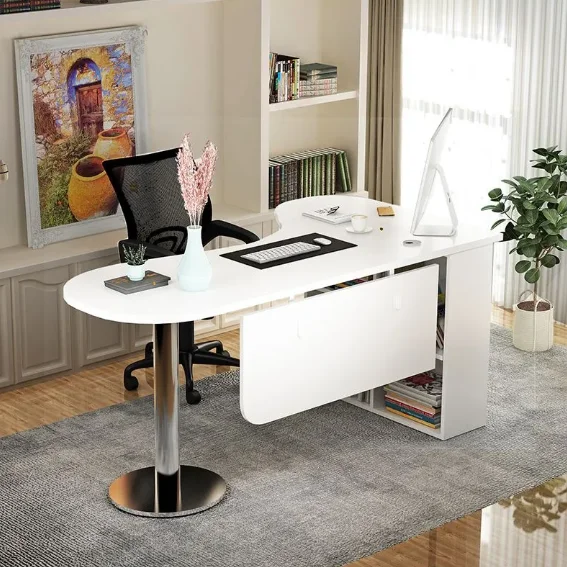 Modern Simple Curved Corner Desk with Bookcase Melamine Single Study Table Computer Desk for Home Office Furniture