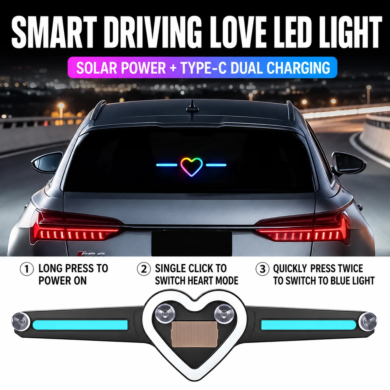 1PCS LED Car Atmosphere Light Solar Suction Cup Mount No Wiring Multi Modes Rear Tail Decor Warning Lamp Auto Accessories