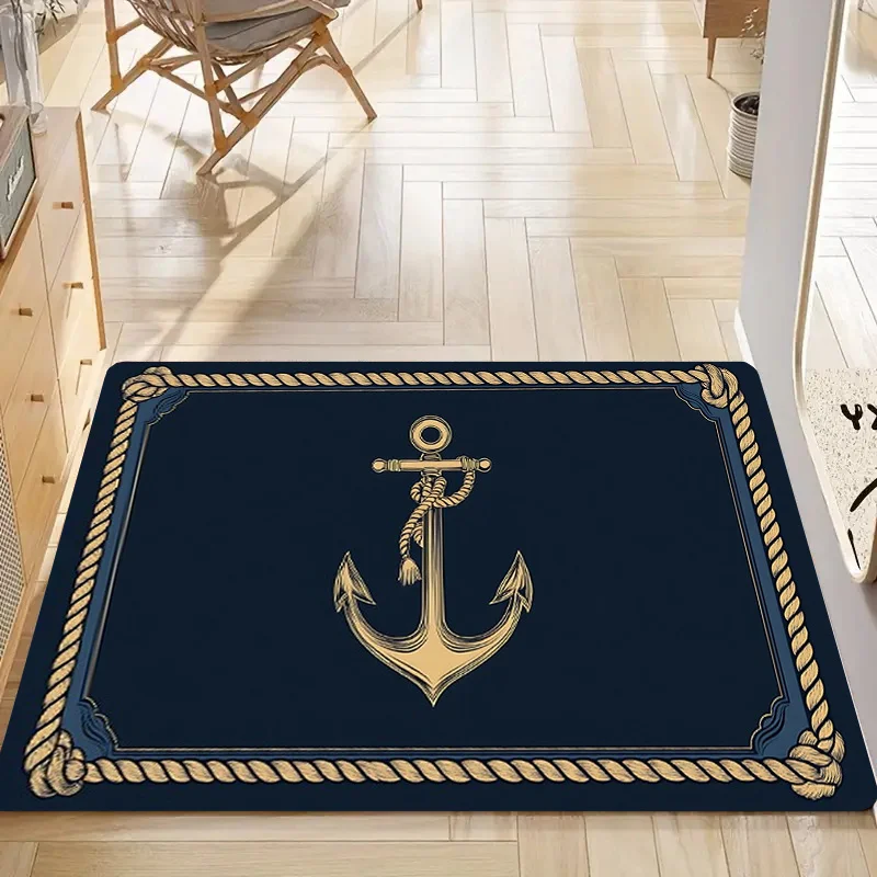 Nautical Anchor Rope Border Door Mat, Navy Blue Vintage Maritime Floor Rug, Non-slip Entrance Carpet, Home Decor