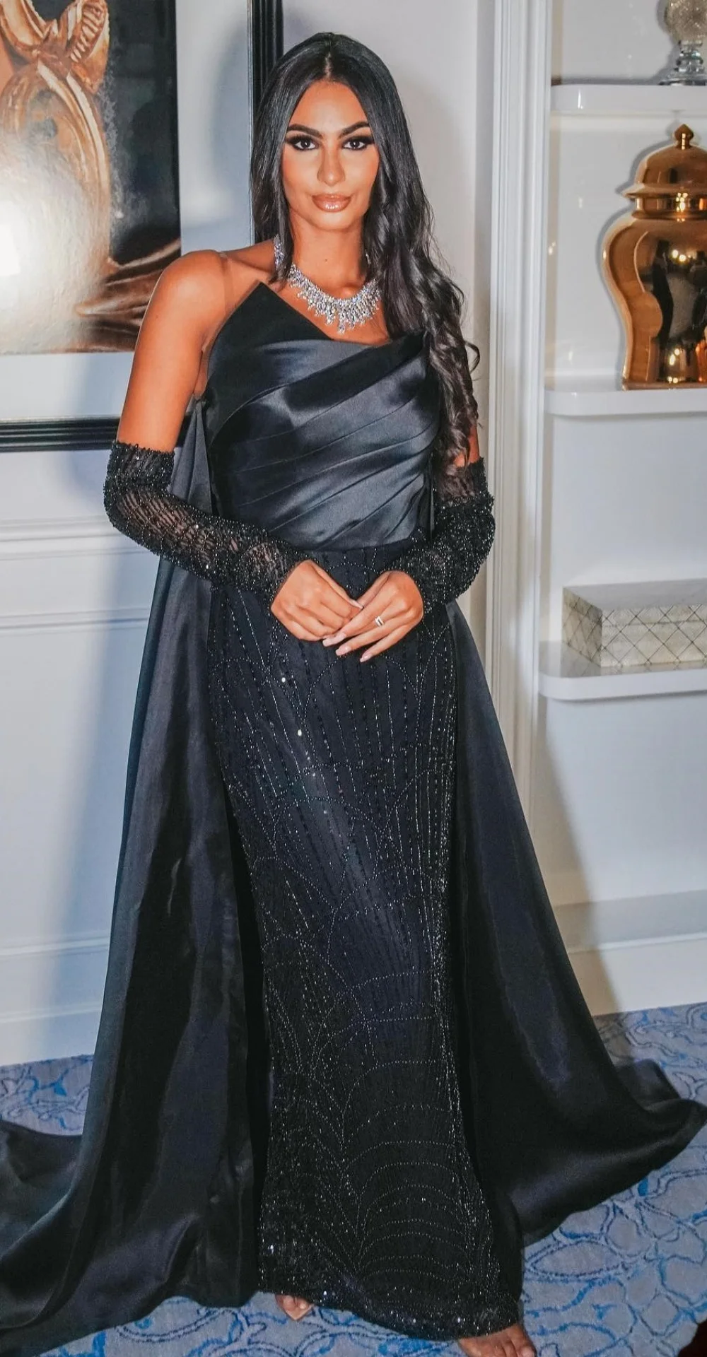 Ofherown Luxury Strapless Ruched Satin Beaded Evening Dress with Train Dubai Mesh Long Gloves Formal Party Gown for Women