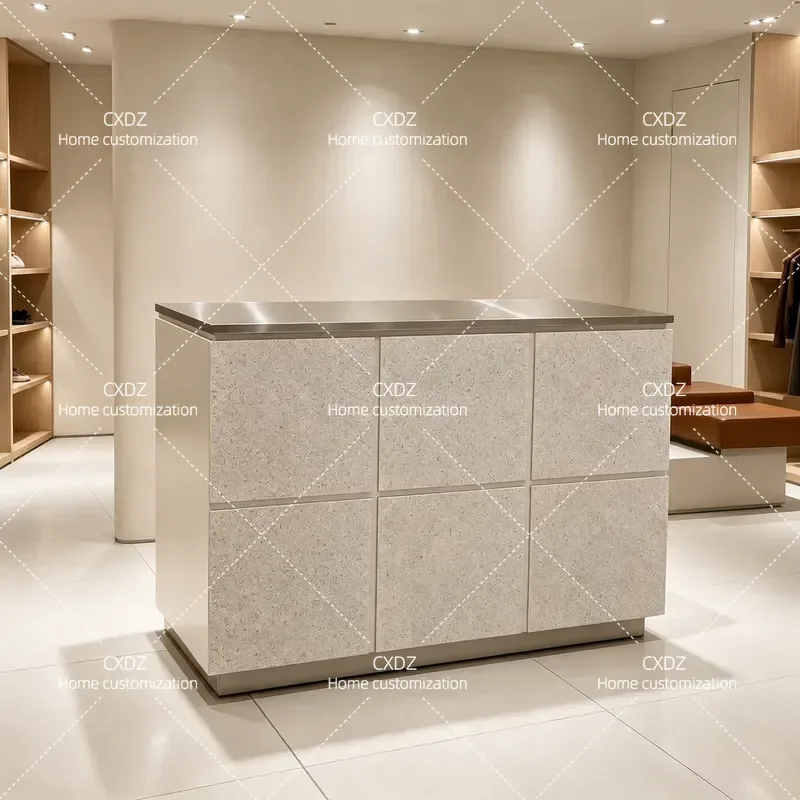 Stainless Steel and Travertine Checkout Counter for Clothing Store Premium Reception Desk for Women's and Children's Apparel