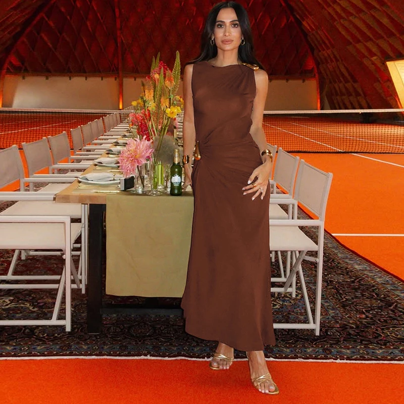 DGLUKE Vestido largo sin mangas con cuello barco para mujer, vestido largo drapeado fruncido, vestidos de fiesta elegantes para mujer