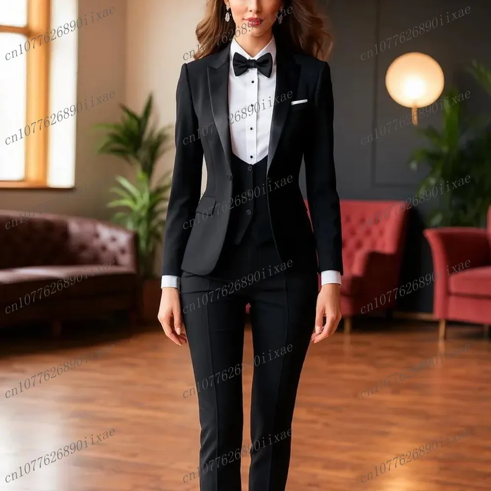 

Новый черный женский костюм для торжественных случаев, свадебная вечеринка, деловой офисный женский смокинг, комплект из 3 предметов, пиджак, жилет, брюки по индивидуальному заказу