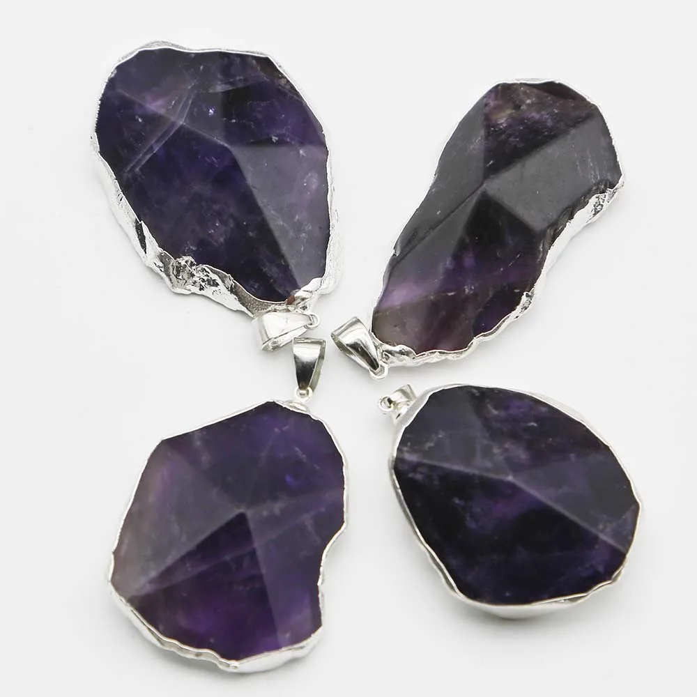 Selling Natural Stones Crystal Irregular Silver Edge Raised Cut Face Pendants Necklace Charms Jewelry Accessories Wholesale 8Pcs