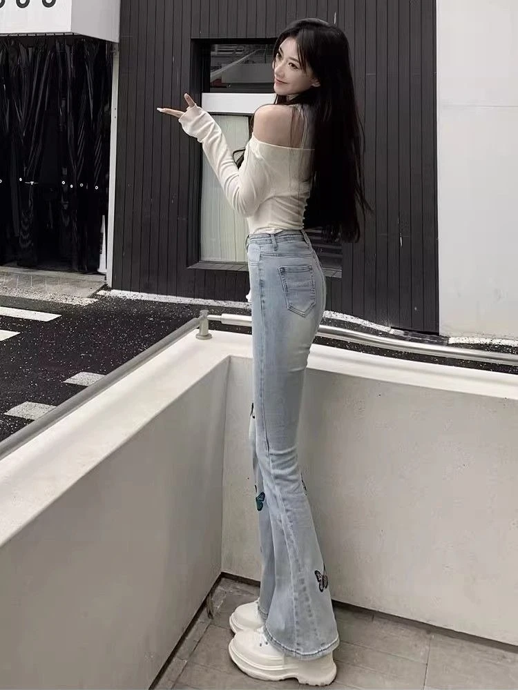 2026 New Women's High Waist Flare Jeans Butterfly Embroidered Vintage Stretchy Slimming Denim Pants Spring Casual Streetwear