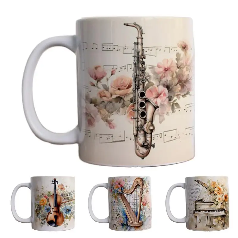 1pc music theme ceramic coffee mug Violin piano harp saxophone picture mug friends birthday gift  for Band Music Lovers Musician