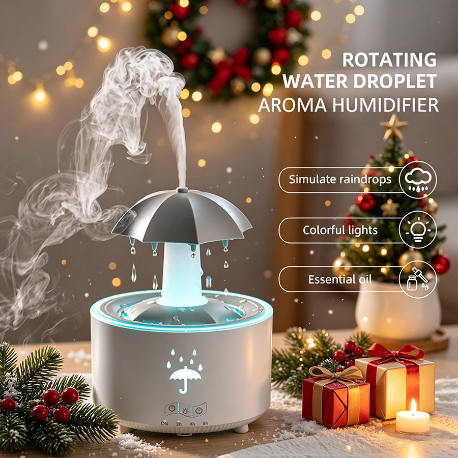 1PC Raindrop Aroma Essential Oil Diffuser, 7 Color Lights, 300ml, 2-8H Timer, Air Humidifier, Ideal for Christmas Decor