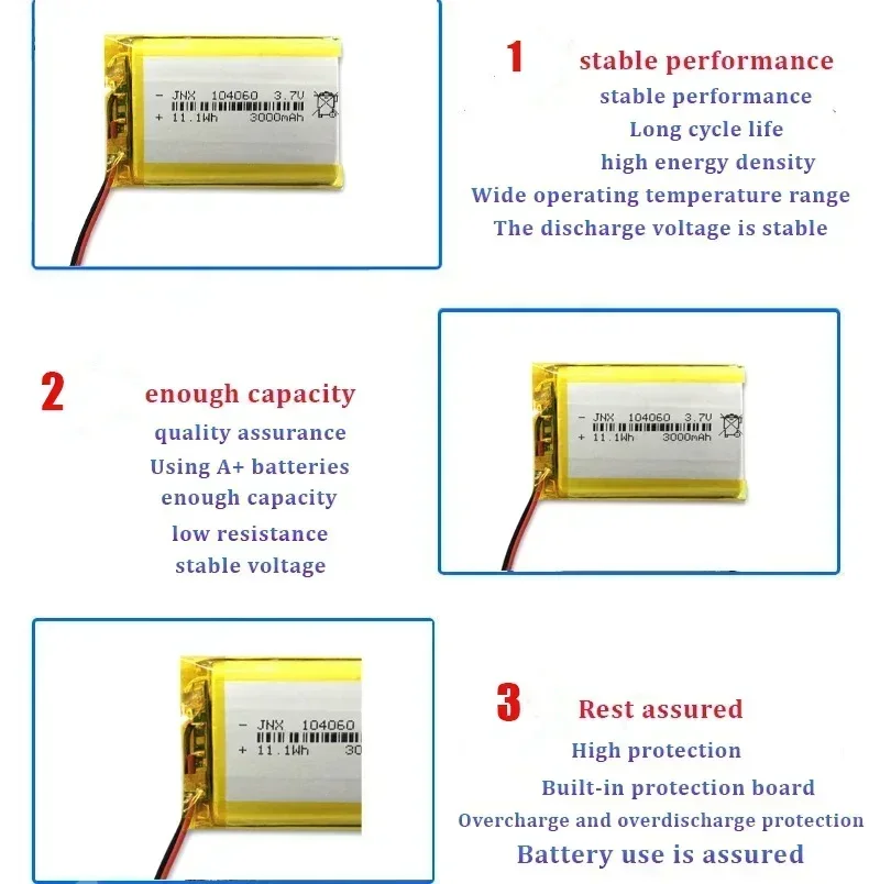 New Polymer 104060 Lithium Battery 3.7V 3100mAh Suitable for Bluetooth Speakers Floor Lamp Shaver Positioner Doorbell Humidifier