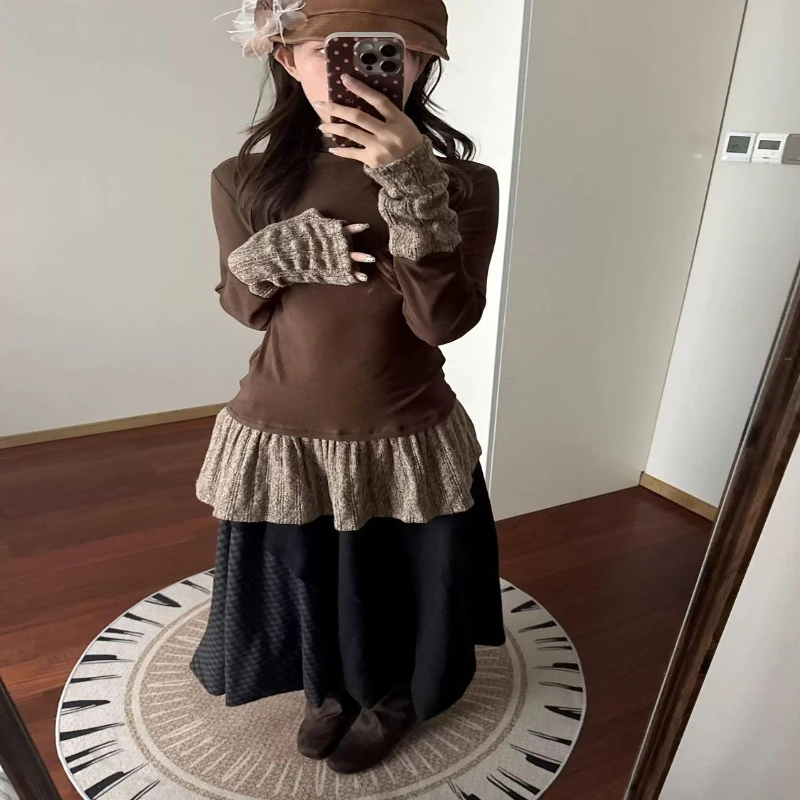 

Вязаная рубашка с длинными рукавами Design Sense, осень 2025 г., нишевый топ с затягивающей талией и цветными блоками