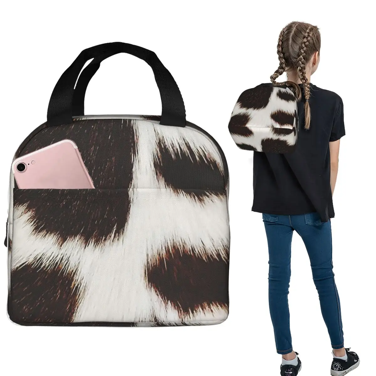 Cow Fur Cowhide Texture Cow Skin Insulated Lunch Bag for Women Kids Leakproof Food Boxes Thermal Lunch Box Tote