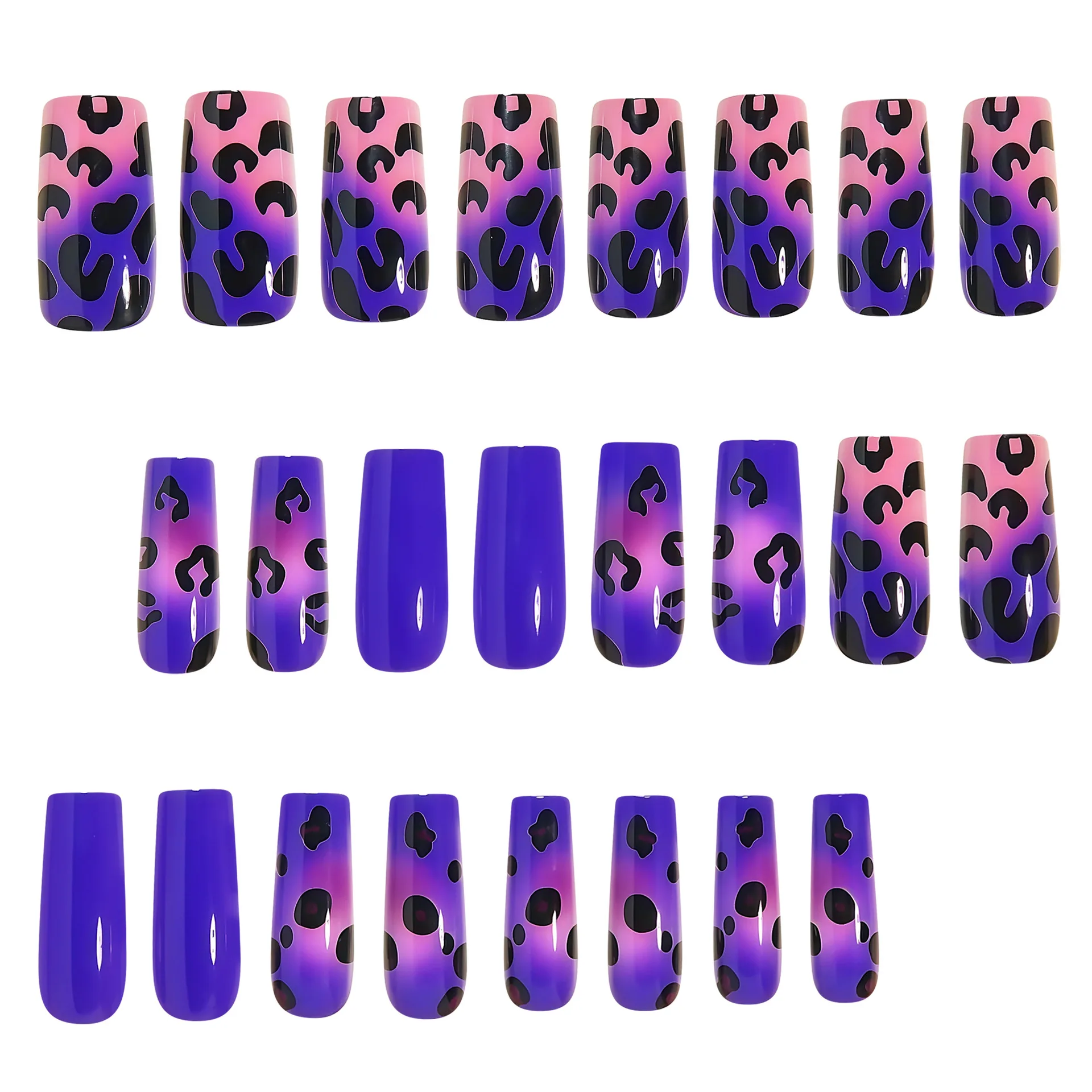 Medium fake nails tips for women girls gradient purple blue green red black leopard printing Square almond tips press on nails