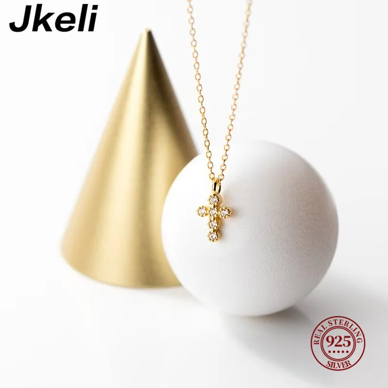 Jkeli S925 srebro 18K pozłacane Flash diamentowy naszyjnik z krzyżem damski łańcuszek do obojczyka eleganckie akcesoria jubilerskie