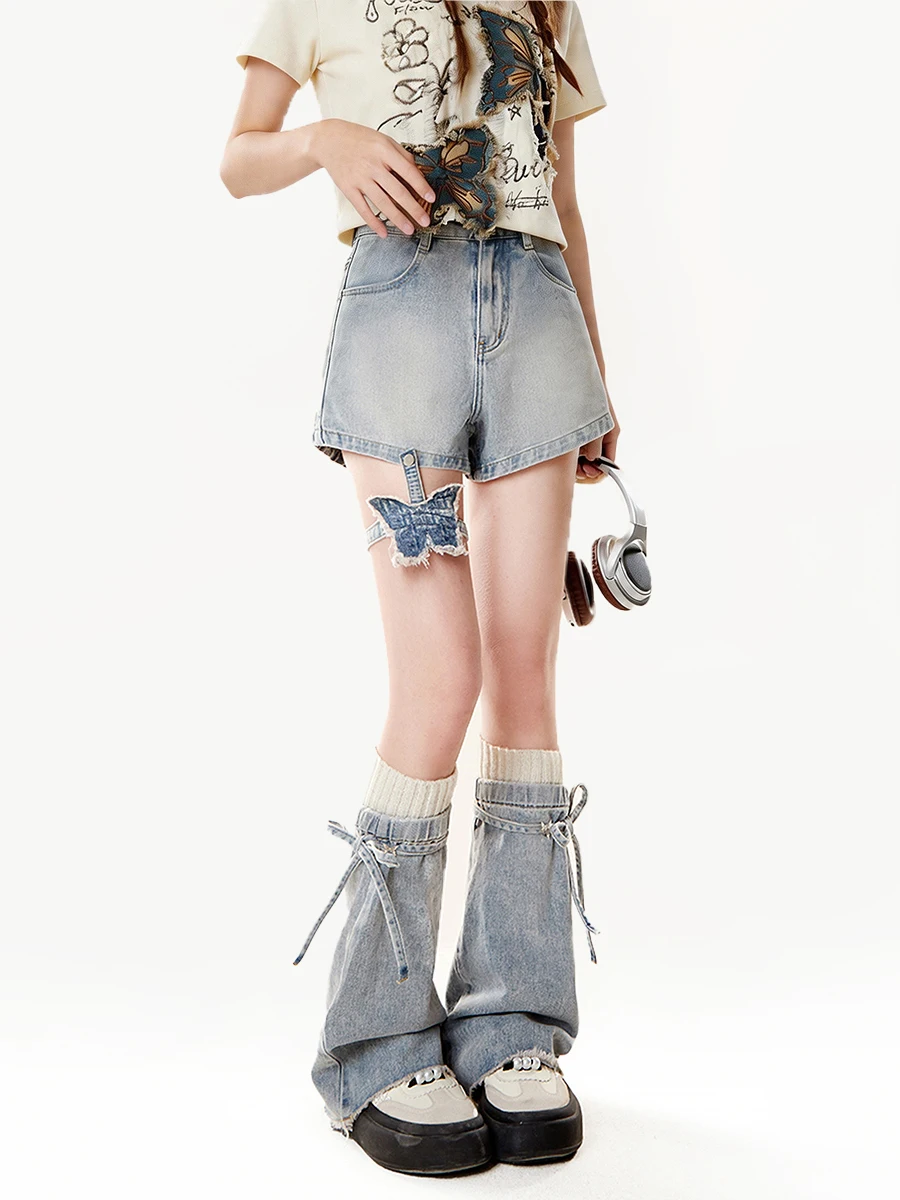 Retro American Blue Jeans Short Pants Women's Summer  Knot Tie Splicing Leg Cover Sweet And Spicy Set Cotton Natural...