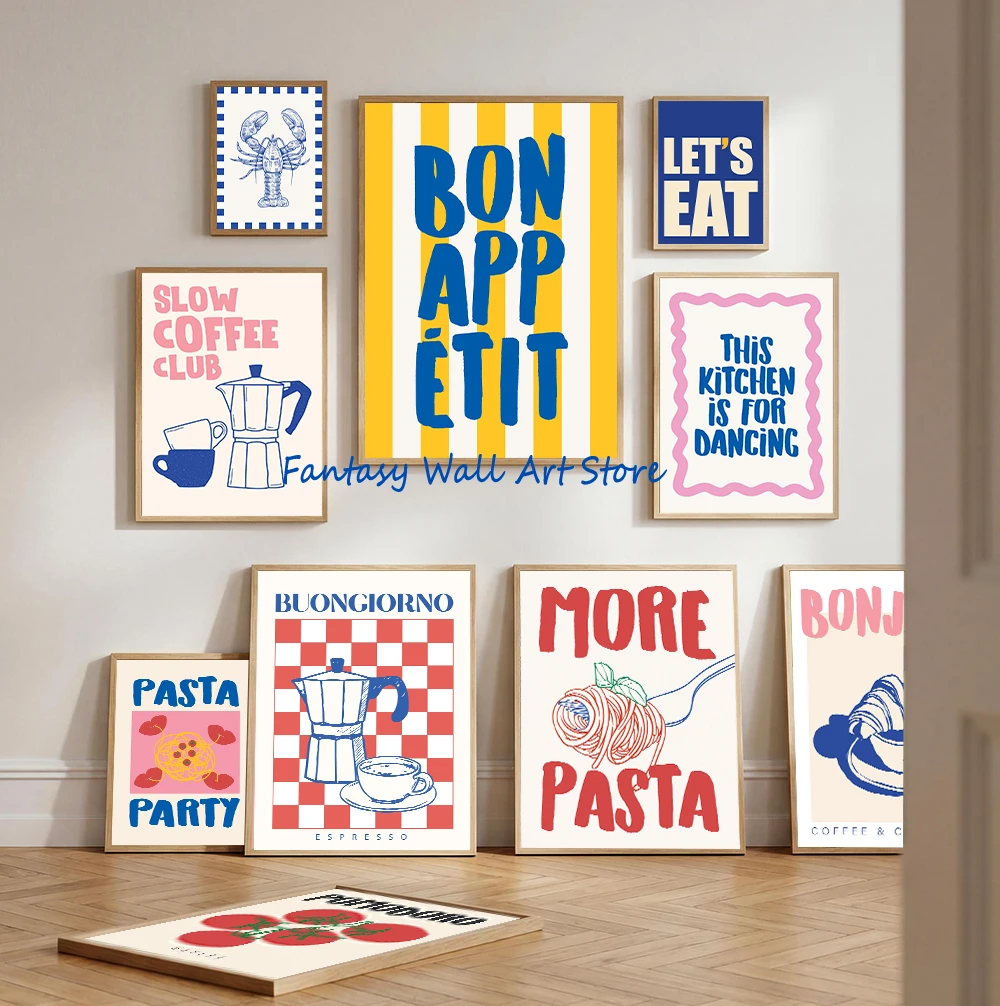 Bon Appetit Typesetting Kitchen Club Poster Pasta Pizza Coffee Espresso Art Poster Canvas Prints Modern Home Kitchen Wall Decor