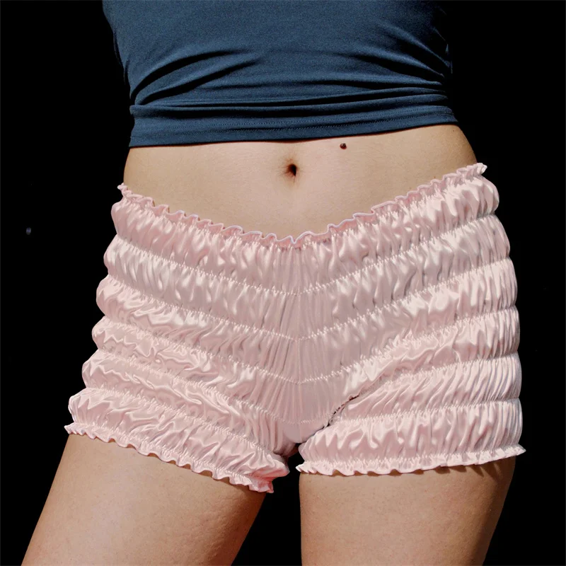 Silk Frilled Bloomer Shorts Women Ruffles Shorts Smocked Ruched Booty Bloomers Frilly Lolita Micro Pettipants Pajama Bottoms