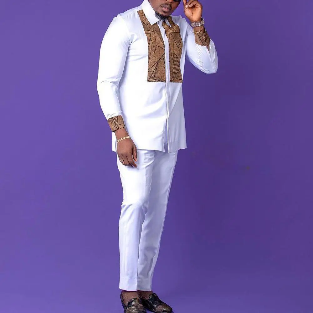 Traje Kaftan de esmoquin para hombre, traje de boda Dashiki, Camisetas estampadas, pantalones, conjuntos africanos étnicos tradicionales de 2 piezas