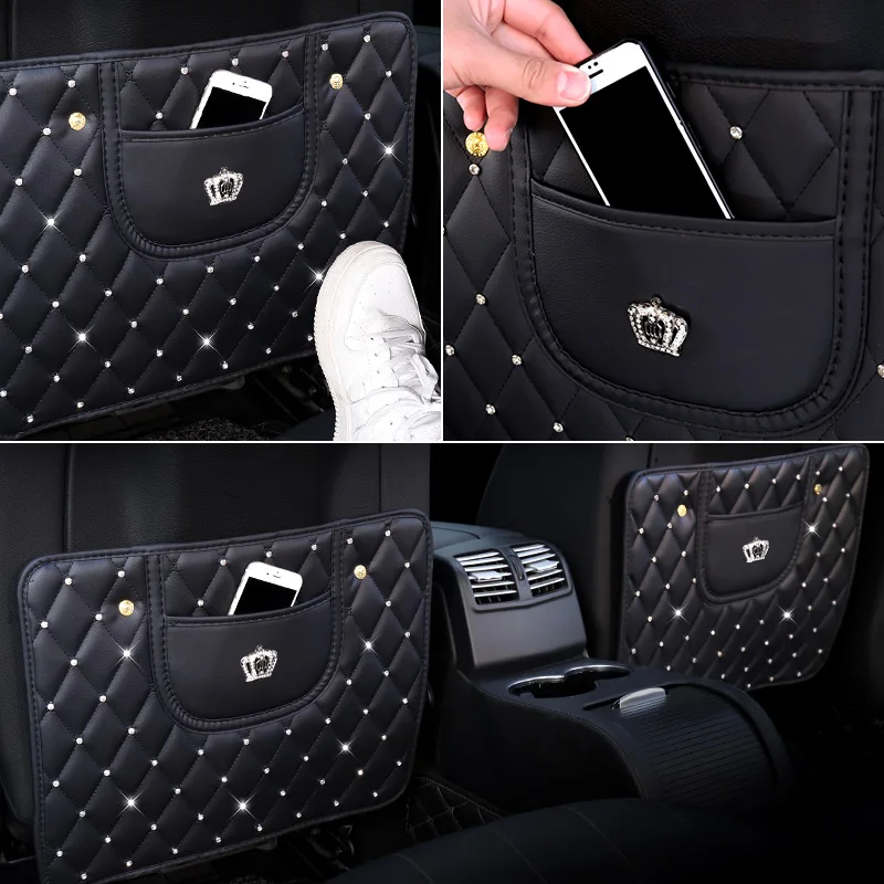 Rhinestones Leather Car Seat Back Cover Protector Crystal Auto Anti-kick Pad Wear-proof Mat Anti-Dirty Mat For Children