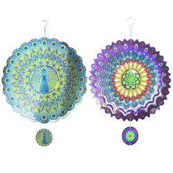 Colorful Wind Spinners Hanging Outdoor Yard and Garden Decoration 3D Metal Kinetic Chimes Spinner Peacock Feather Ornaments Gift