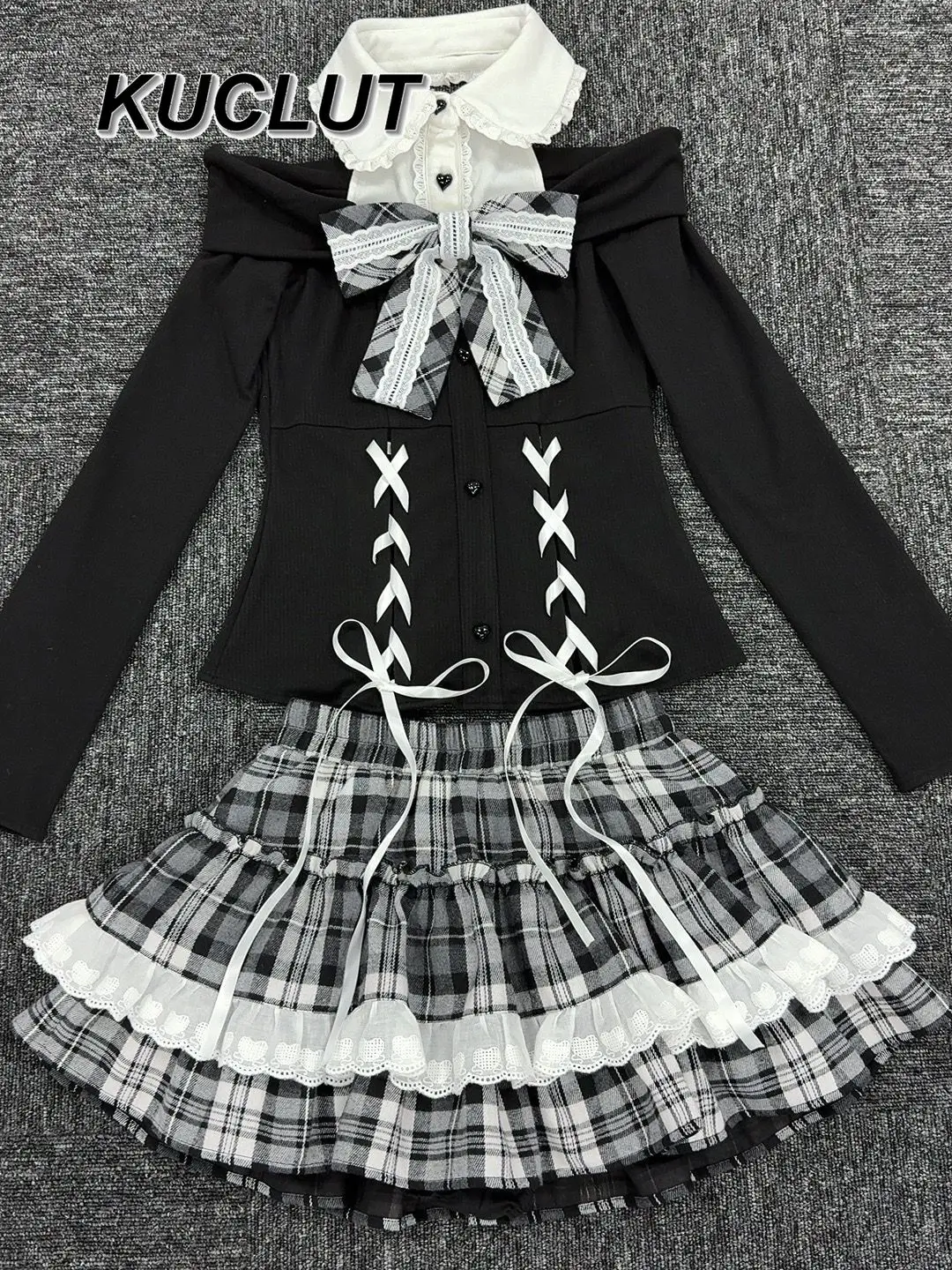 

Autumn Winter Dark Girl Bowknot Houndstooth Skirt Off-shoulder Long Sleeve Knitted Top Subculture Two-piece Sets for Women