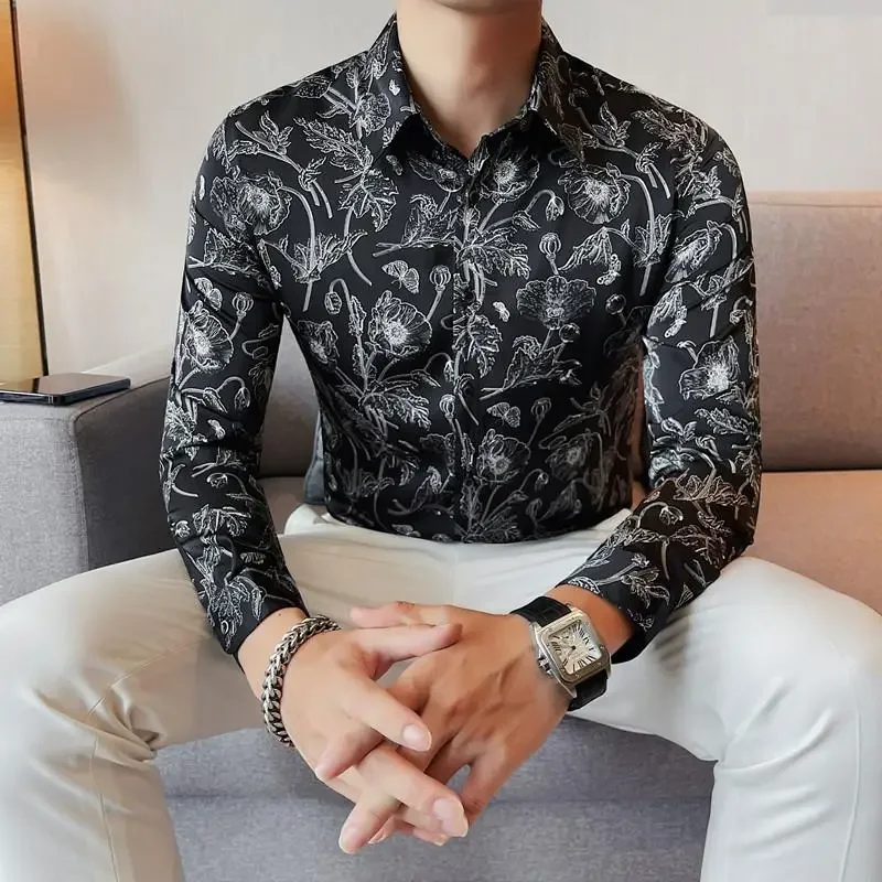 High Quality Autumn Flower Shirt Men Fashion Casual Business Dress Shirt Men\'s Long Sleeved Shirt Social Office Men Clothing