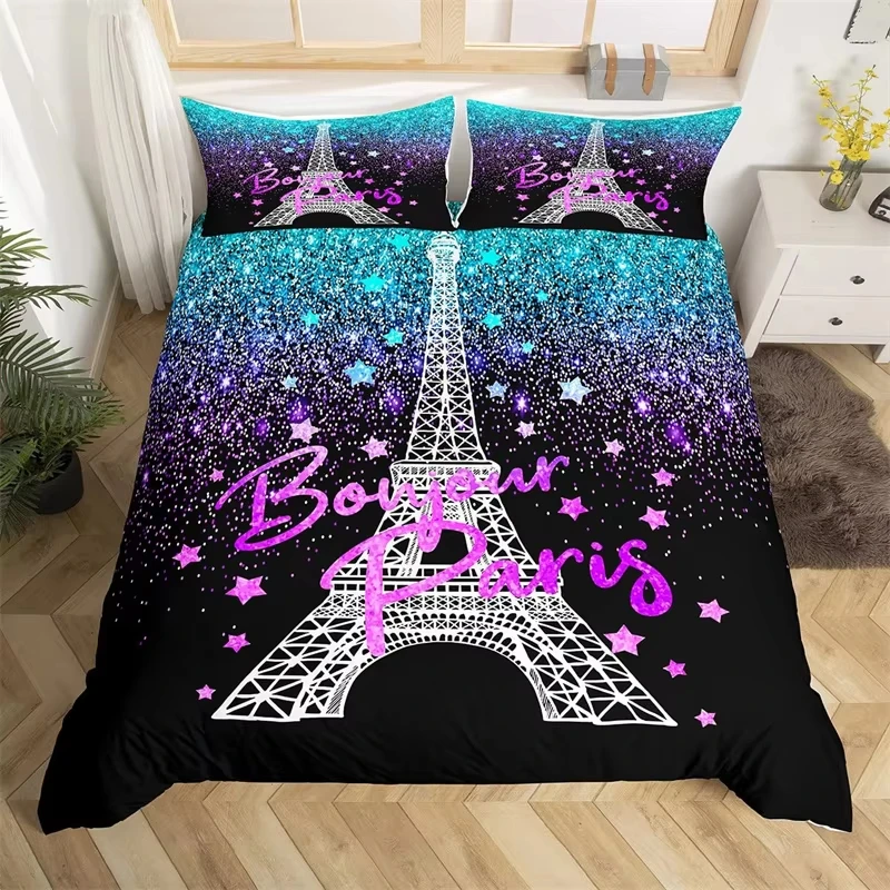 Glitter Eiffel Tower Duvet Cover Romantic Paris Comforter Cover Microfiber Star Bedding Set King Queen For Boys Girl Couple Room