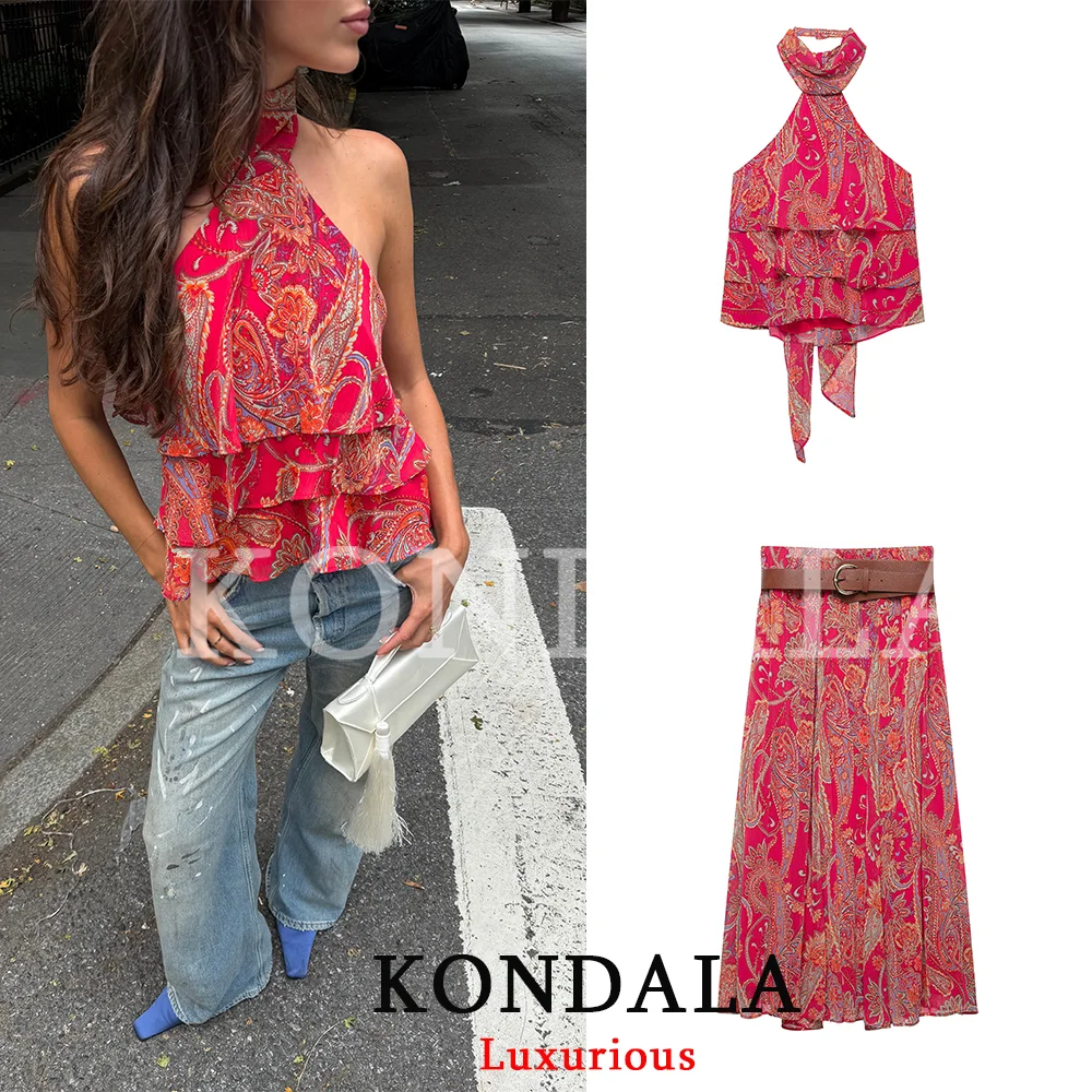 KONDALA Casual Chic Women Print Suit Halter Sleeveless Chiffon Loose Top Belt Loose Long Skirt Fashion 2026 Fall Boho Female Set