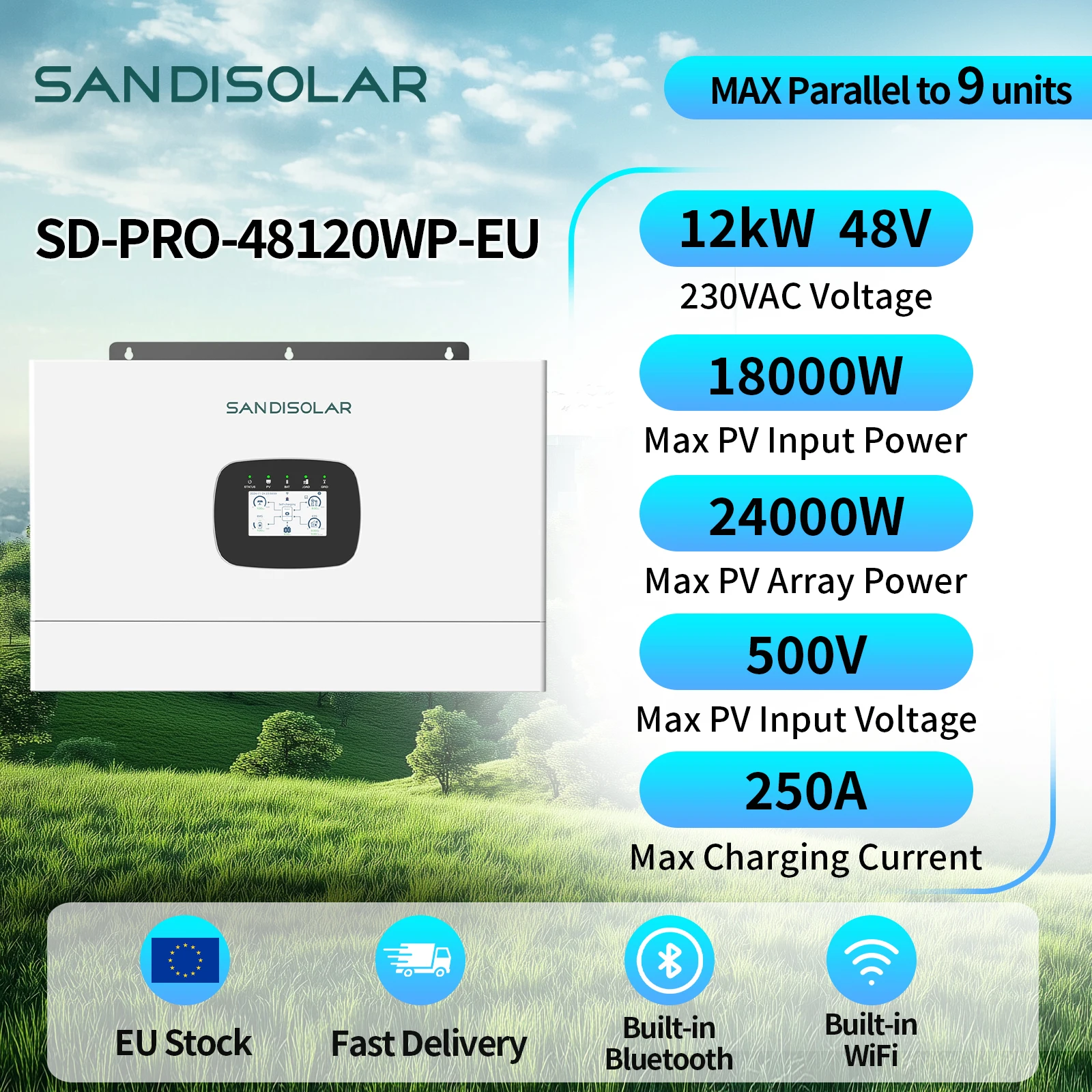 SANDISOLAR 48V 12KW Hybrid-Wechselrichter mit Generator-Eingang, Intelligentes Lastmanagement, Wi-Fi & RS485 Kommunikation